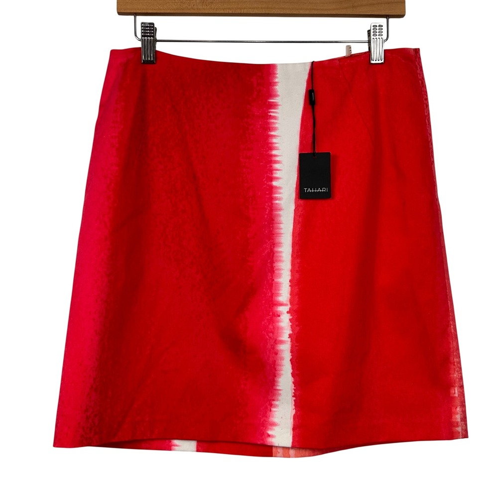 Tahari Mini Skirt Womens 8 Red Abstract Tie Dye Cotton Blend Casual Summer